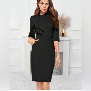 Miusol solid black slant bow midi office church dress 2XX(US 12)